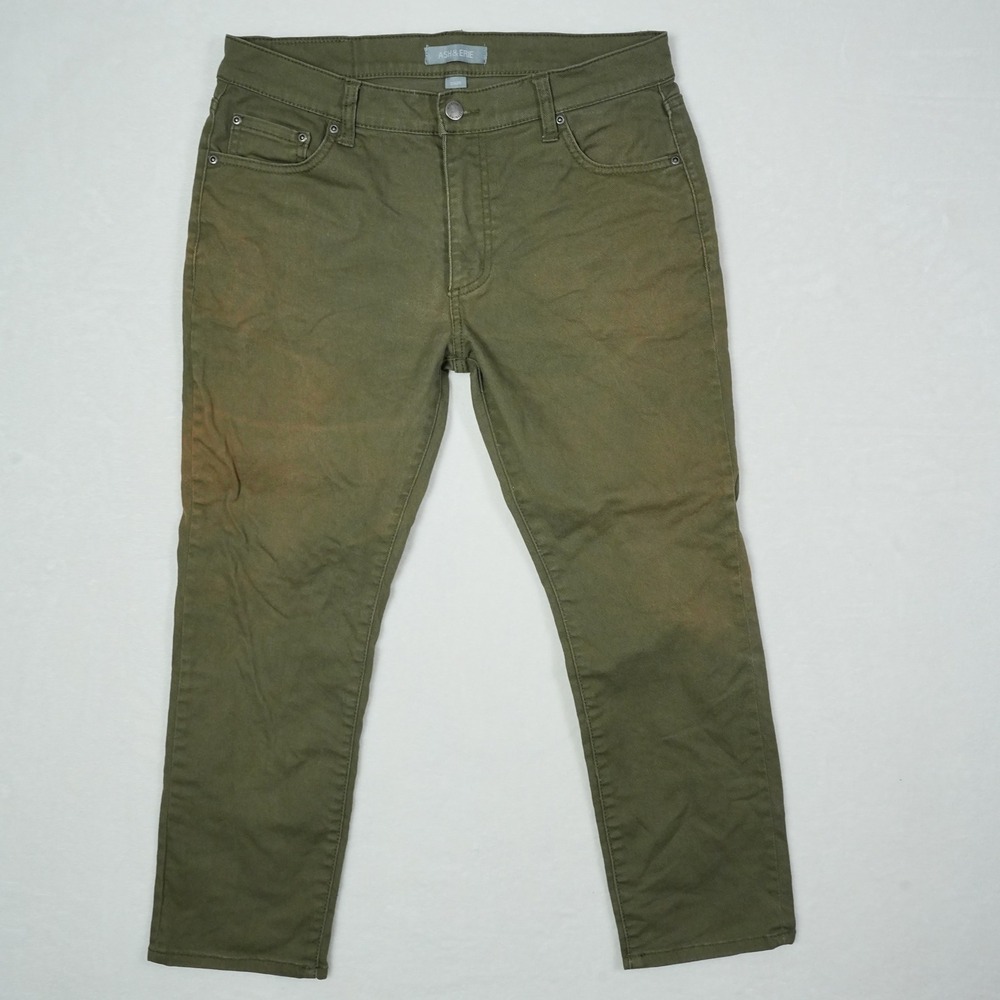 Ash & Erie Mens Everyday Pants Olive Green Slim Fit 31x26 Cotton Stretch Twill